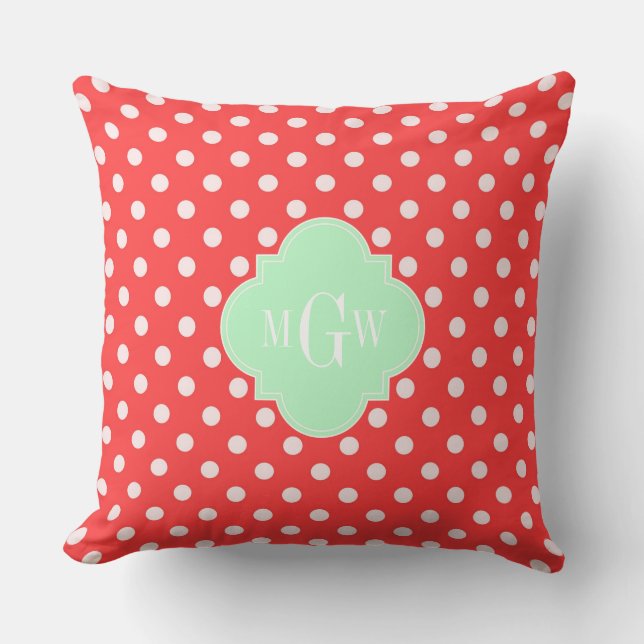 Coral Wht Polka Stippen Mint Vierblad 3 Monogram Kussen (Voorkant)