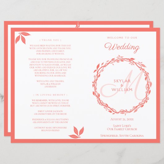 Coral Woodsy Wedding Ceremony Folded Programme (Voorkant / Achterkant)