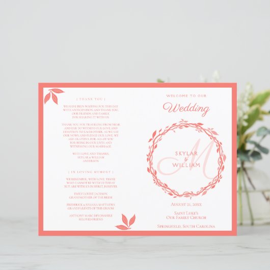Coral Woodsy Wedding Ceremony Folded Programme (Staand voorkant)