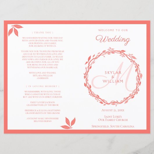 Coral Woodsy Wedding Ceremony Folded Programme (Voorkant)