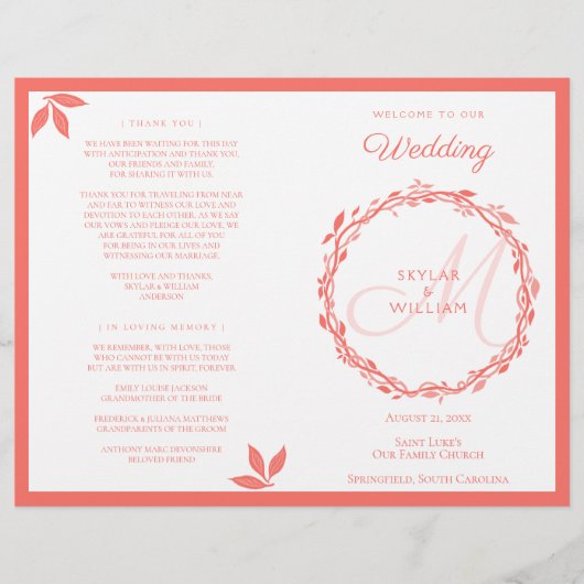 Coral Woodsy Wedding Ceremony Folded Programme (Voorkant)