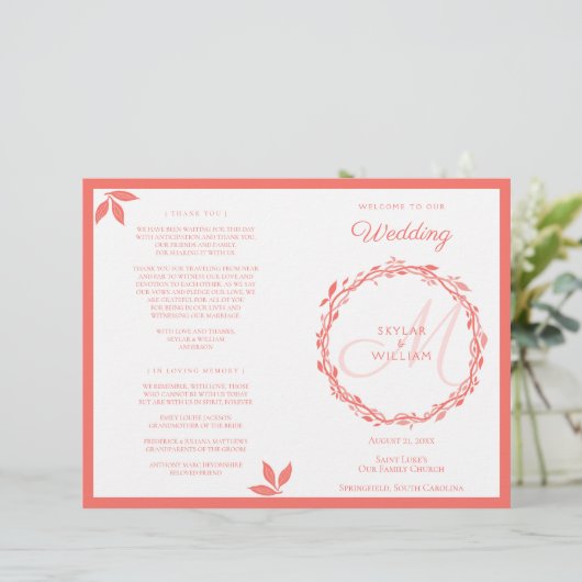 Coral Woodsy Wedding Ceremony Folded Programme (Staand voorkant)