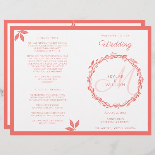 Coral Woodsy Wedding Ceremony Folded Programme (Voorkant / Achterkant)
