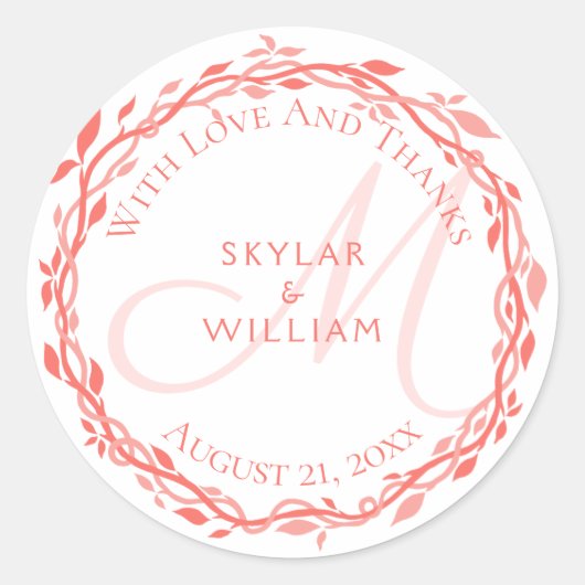 Coral Woodsy Wedding Monogram Love and Bedankt Ronde Sticker (Voorkant)