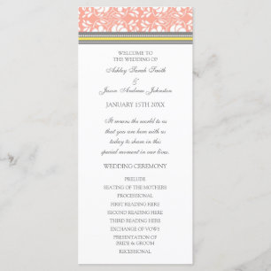 Coral Yellow Grey Damask Wedding Program Programmakaart