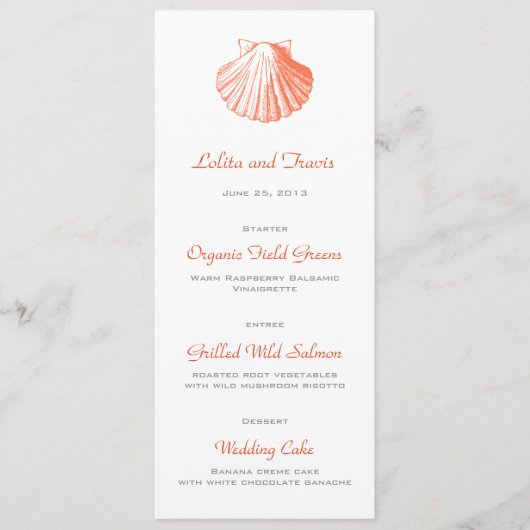 Coral Zee Shell Wedding Menu Kaart (Voorkant)