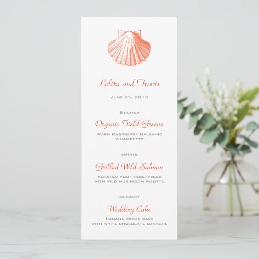 Coral Zee Shell Wedding Menu Kaart (Staand voorkant)