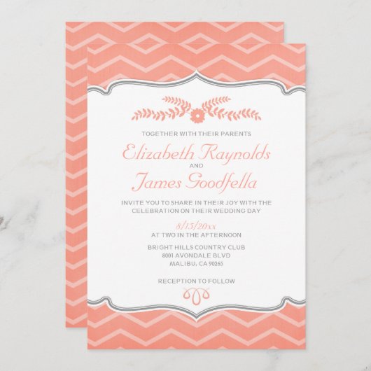 Coral Zigzag Wedding Invitting Kaart (Voorkant / Achterkant)