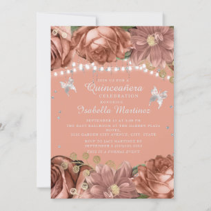 Coral Zilveren Vlinders Quinceañera Uitnodiging