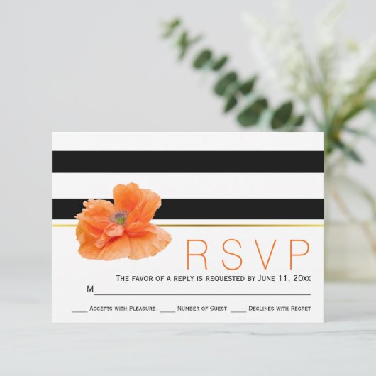 Corale papaver, zwarte witte strepen bruiloft RSVP (Staand voorkant)