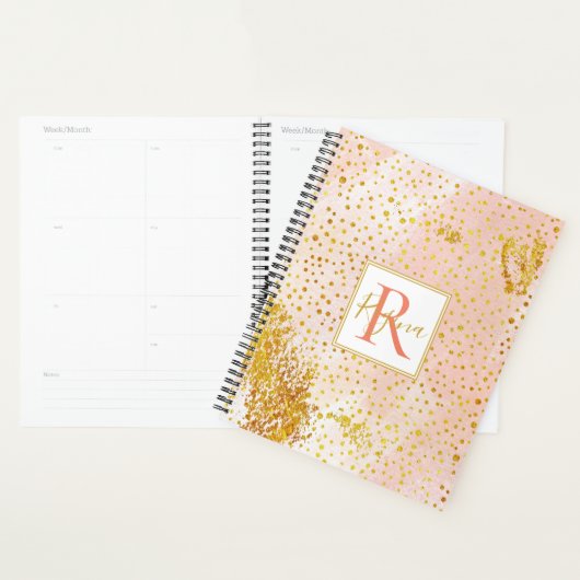 Corale perzik waterverf en gouden confetti monogra planner (Display)