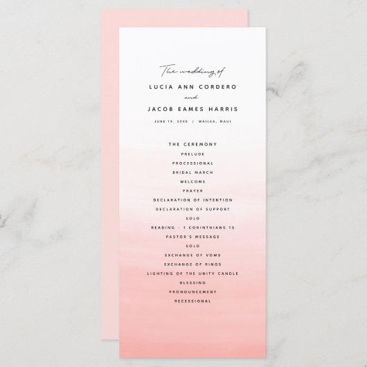 Corale waterverf bestemming bruiloft programmakaart (Voorkant / Achterkant)