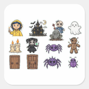 Coraline Halloween stickerpakket van 12 schattige Vierkante Sticker