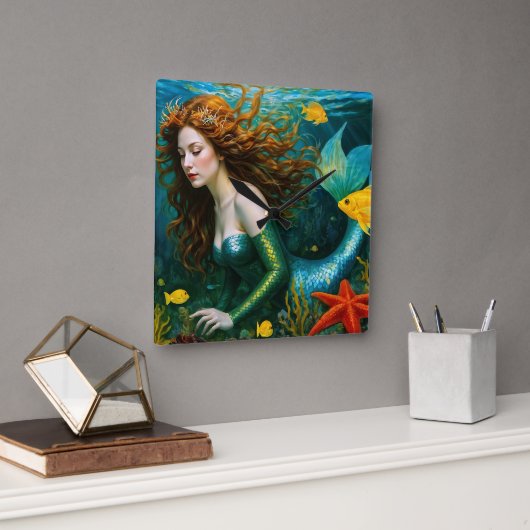 "Coralyn" - Mooie mystieke zeemeermin Vierkante Klok (Kantoor)