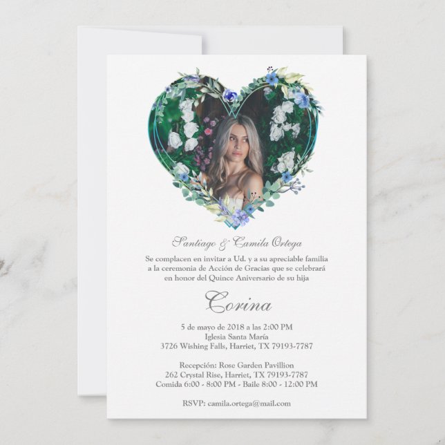 Corazón Floral en Azul con Foto de Quinceañera (Voorkant)