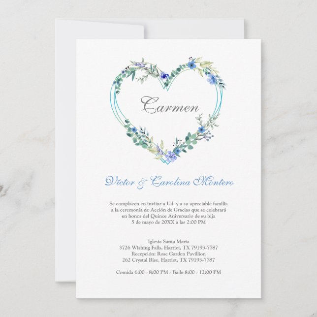 Corazón Floral en Azules para Quinceañera (Voorkant)