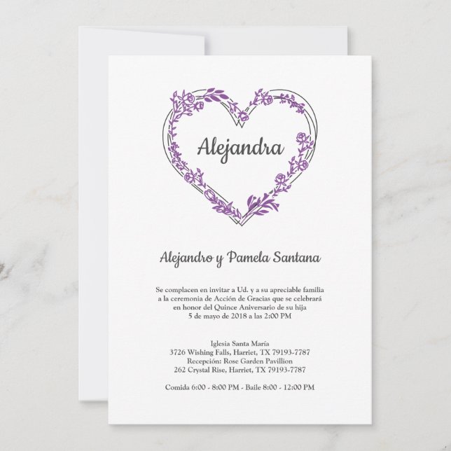 Corazón Floral en Morado para Quinceañera (Voorkant)