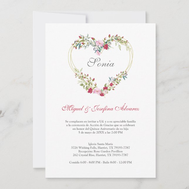 Corazón Floral en Rosa y Rojo para Quinceañera (Voorkant)