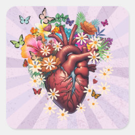 Corazon vintage entre flores e mariposas. vierkante sticker