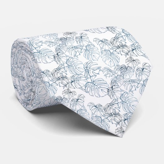 Corbata blanco con hojas azules dispersas stropdas (Opgerold)