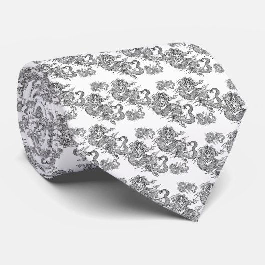 Corbata elegante blanco con dragón negro stropdas (Opgerold)
