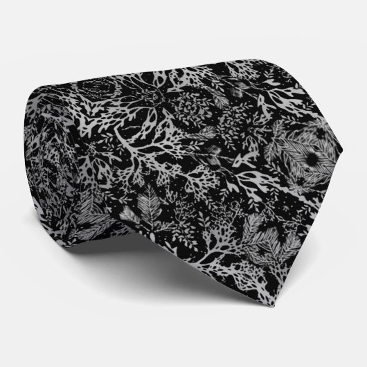 Corbata elegante negro con coral y hojas gris stropdas (Opgerold)