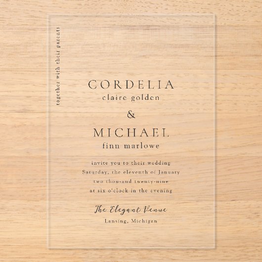 Cordelia Modern Wedding Acryl Uitnodigingen (Voorkant)