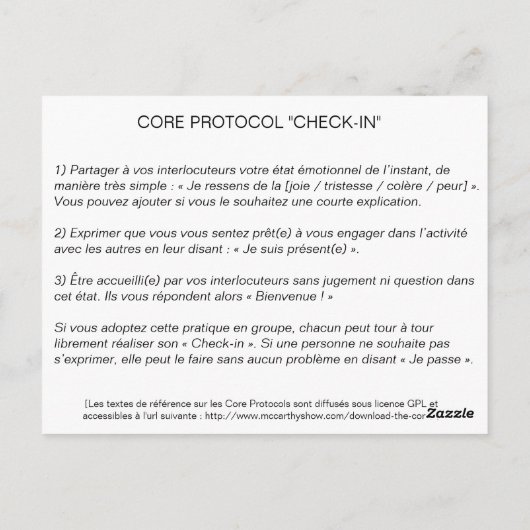Core Protocol: Check-in Briefkaart (Achterkant)