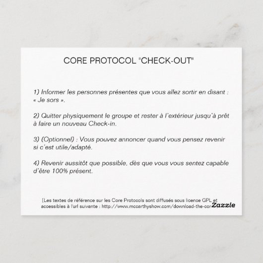Core Protocol: Check-Out Briefkaart (Achterkant)