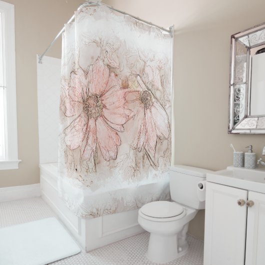 Coreopsis Floral Waterverf Blush Pink ID712 Douchegordijn (In situ)