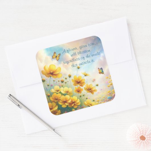 Coreopsis & Quote Vierkante Sticker (Envelop)