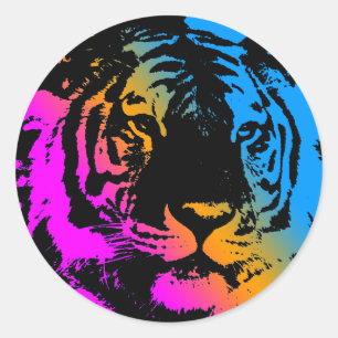 COREY TIGER 1980's RETRO TIGER FACE MULTI COLORS Ronde Sticker