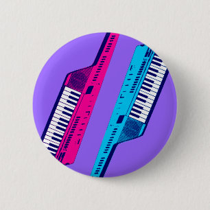 Corey Tiger 80's Retro Keytar Pink & Blue Ronde Button 5,7 Cm