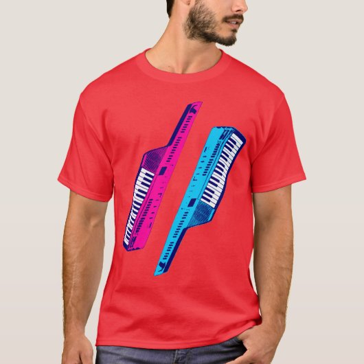 Corey Tiger 80's Retro Keytar Roze & Blauw T-shirt (Voorkant)