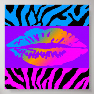 Corey Tiger 80s Retro Neon Lips Tiger Stripes Poster