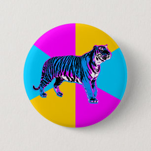 Corey Tiger 80s Retro Tiger & Neon Wedges Ronde Button 5,7 Cm