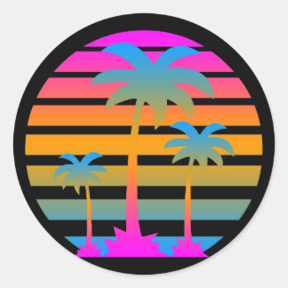 COREY TIGER RETRO SUNSET PALM TREES RONDE STICKER