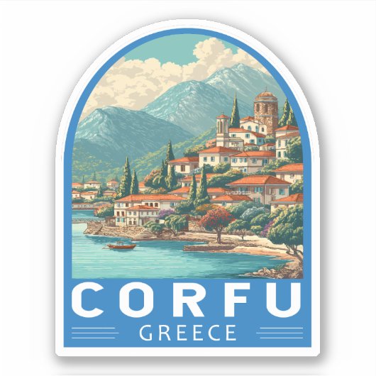 Corfu Griekenland Reizen Kunst Embleem Sticker (Voorkant)