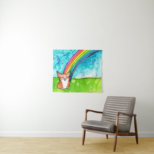 Corgi aan het einde van de regenboog wandkleed (In Situ (horizontaal))