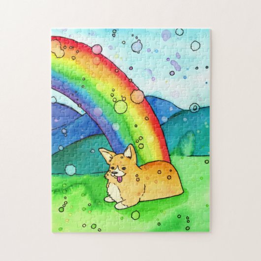 Corgi aan het einde van de regenboogWaterverf puzz Legpuzzel (Verticaal)