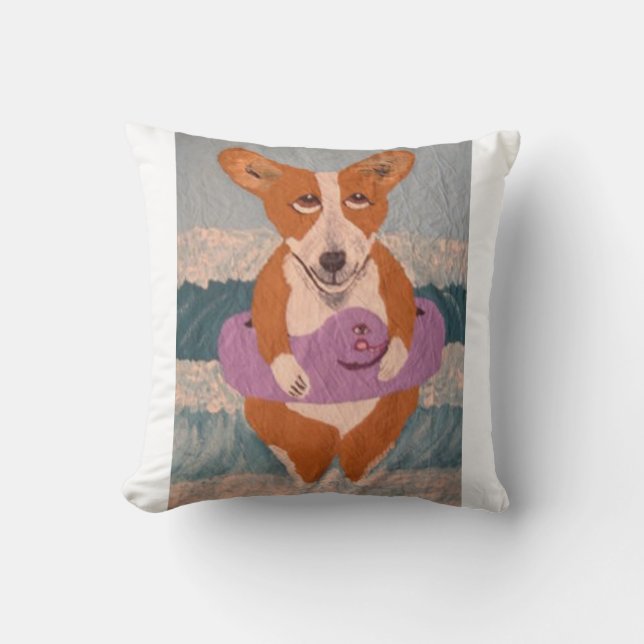 Corgi aan het Strand T-Shirt Kussen (Voorkant)