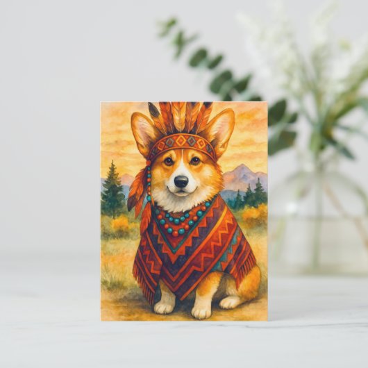 Corgi American Indian Happy Thanksgiving Briefkaar Briefkaart (Staand voorkant)