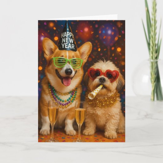 Corgi and Shitzu Pups Celebrating New Years Card Kaart (Voorkant)