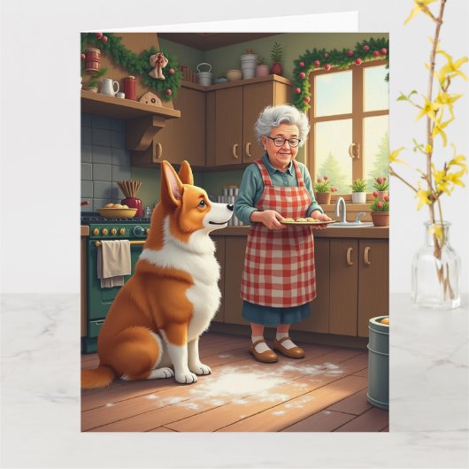 Corgi Baking with Grandma Christmas Painting Kaart (Gele Bloem)