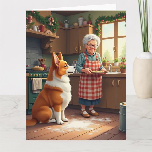 Corgi Baking with Grandma Christmas Painting Kaart (Voorkant)