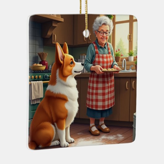 Corgi Baking with Grandma Christmas Painting Keramisch Ornament (Rechts)