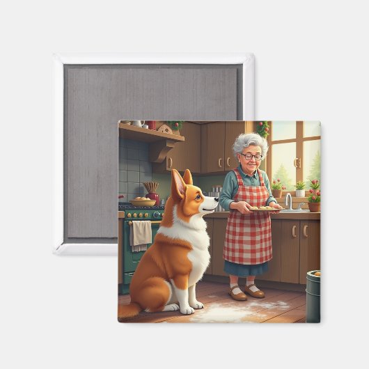 Corgi Baking with Grandma Christmas Painting Magneet (Voorkant / Achterkant)