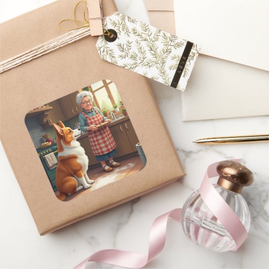 Corgi Baking with Grandma Christmas Painting Vierkante Sticker (Geschenken)