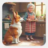 Corgi Baking with Grandma Christmas Painting Vierkante Sticker (Voorkant)