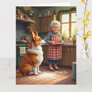 Corgi Bakken met Oma Kerstschilderij Kaart